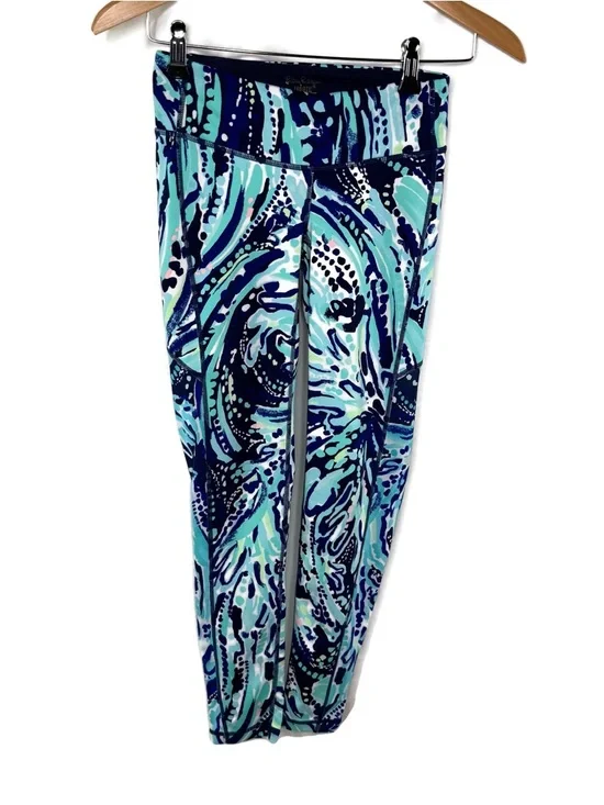 Lilly Pulitzer Blue & Aqua Swirl Print Leggings Luxletic Weekender Crash Bash - Picture 2 of 9